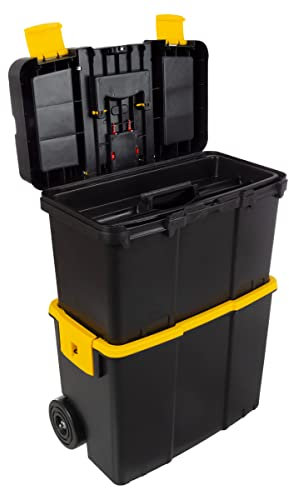 Stalwart Tragbarer Werkzeugkoffer mit Rollen, stapelbarer 2-in-1-Werkzeugkasten mit herunterklappbaren Komfortgriffen, robusten Riegeln und herausnehmbaren Ablageschalen von Stalwart, Schwarz/Gelb