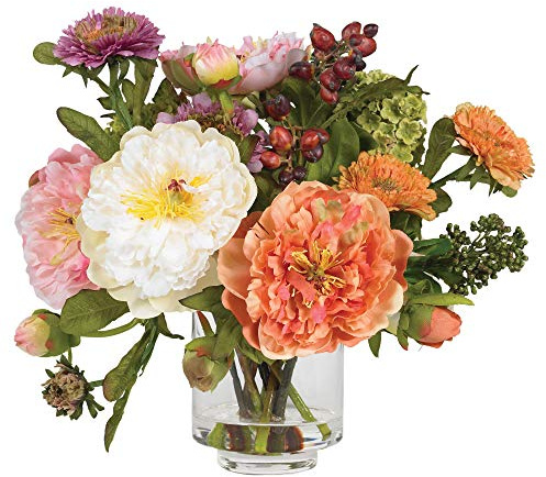 Nearly Natural 10 in Artificial Peony Arrangement in Glass Vase