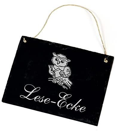 Lese Ecke Schild Schiefer mit Motiv Eule mit Buch - Lesen Schiefertafel graviert Wanddeko 22x16cm | Dekolando