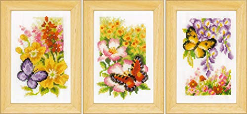 Vervaco Gezählter Kreuzstich Stickpackungen DIY Stickbilder Blumen & Schmetterlinge 3er Wanddekoration Handarbeit Set für Erwachsene Zählmusterpackung ca. 8 x 12 cm Kreuzstichbilder Set Hausdeko