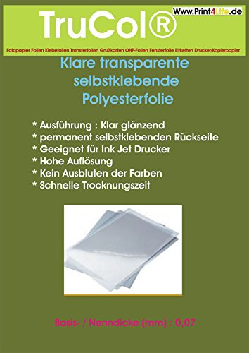 5x A4 Klebefolie klar transparent ! Speziell beschichtete - permanent selbstklebend auf den meisten sauberen Oberflächen zur Erstellung von Aufklebern, Etiketten, Beschriftungen, Werbeeinsätze nur für Tintenstrahldrucker