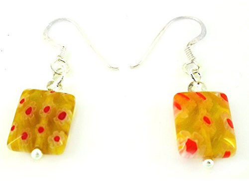CHICNET Pendientes de Cristal de Murano, Señoras Naranja Pendientes de Cristal de Murano en Forma de Cubo con patrón de Flores y Ajuste de Plata de Ley 925