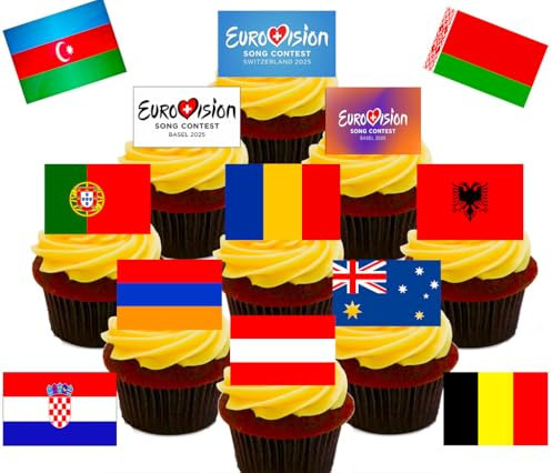 Eurovision Party! Edible Cupcake/Fairy Cake Toppers - Stand-up Wafer Cake Decorations - Includes all countries! (Pack of 45)