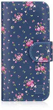 32nd Floral Series - Design PU Leather Book Wallet Case Cover for Apple iPhone 5, 5S, Designer Flower Pattern Wallet Style Flip Case With Card Slots - Vintage Rose Indigo