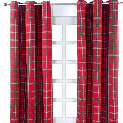 HOMESCAPES Pair of 100% Cotton Curtains - Edward Tartan Check - Red Green - 117 x drop 137 cm - 54 Inch Drop - Eyelet Ring Top Hand Woven - Heavy Not Lined