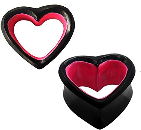 CHICNET Tribal Flesh Tunnel Holz schwarz Holztunnel handgeschnitzt Sonoholz Herz hohl pink Plug Ohrring Ohrstecker 12 mm