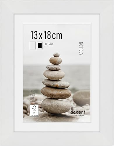 accent by nielsen Holz Bilderrahmen Apollon, 13 x 18 cm, Weiß | Holz Fotorahmen mit Passepartout im Hoch- & Querformat zum Auftstellen und Aufhängen Weiß matt Echtglas