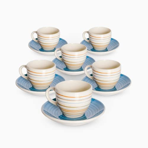 Albalù Set Tazzine da Caffè con Piattino in Porcellana Colorate righe blu Servizio Completo da 12 Pezzi di cui 6 Tazzine e 6 Piattini Lavabili in Lavastoviglie
