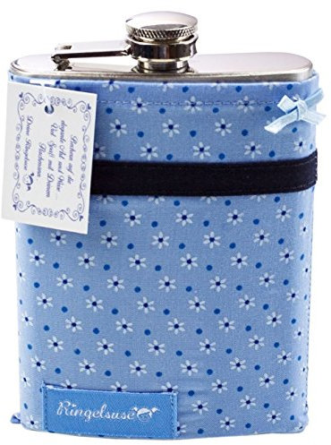 Flachmann Damen Mädchen Stoff Hülle Blau Weiß Blumen Edelstahl JGA 210 ml 10,5 x 14 cm Ringelsuse