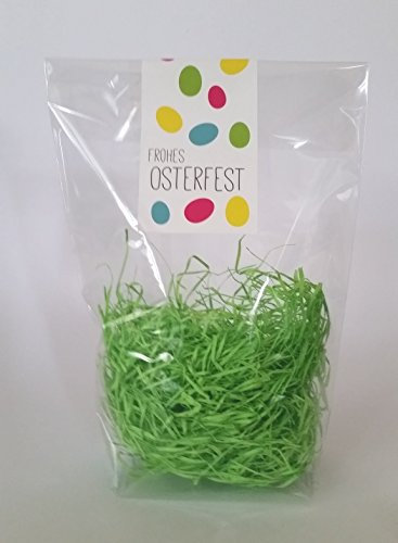 Ostertüten Zellglasbeutel Cellophan transparent 145 x 220 mm (10 Stück) (Motiv Bunte Ostereier) mit Ostergras