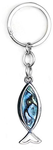 Schlüsselanhänger Ichthys Fisch 5 cm silber, Paua Muschel Abalone Perlmutt blau grün rosa, Fischsymbol christlich Symbol
