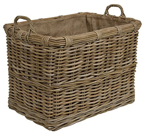WovenHill Home Storage Kubu Rattan Log Basket with Hoop Handles, Wicker Firewood Storage Basket, Rectangular Wood Holder for Fireplace, Hearth & Fireside Living Room Decor, Brown (Large)