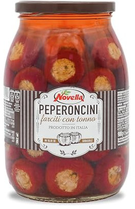 Novella PEPERONCINI FARCITI CON TONNO - Peperoni mit Thunfischfüllung - italienische Kirschpaprika - Antipasti-Vorspeise - fruchtig-scharf - 950 g im Glas