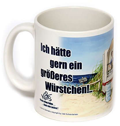 Veit's lustige Cartoon Keramik Tasse für Freizeit Imbiss FKK Ich hätte gerne EIN größeres Würstchen !
