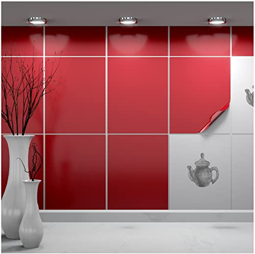 FoLIESEN - Autocollants pour Carreaux 20x25 cm | Film Autocollant pour carrelage de Salle de Bains et de Cuisine | Retirable sans résidus | carrelage adhesif | 30 pièces, .:Rouge Fonce Brillant