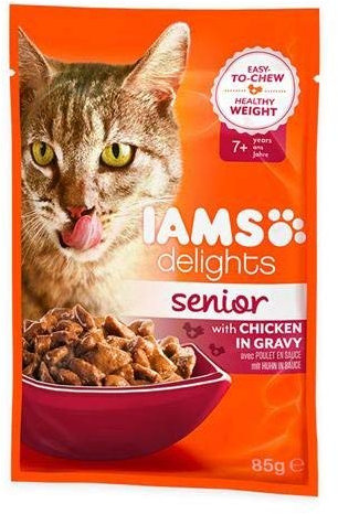 Iams Delights Nassfutter für Katzen in Beuteln, für ältere Katzen, Huhn in Soße, 85 g (24 Stück)