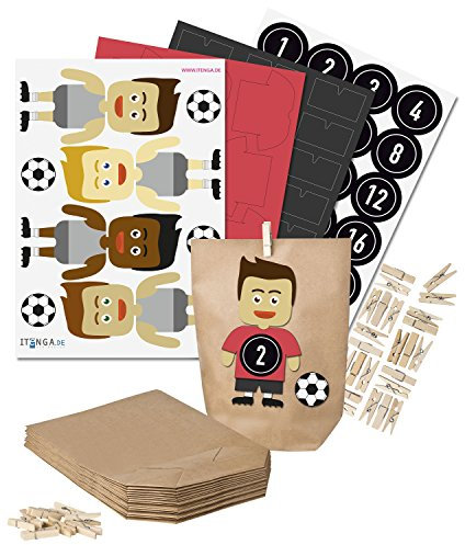 DIY Fußball-Adventskalender Set zum Basteln - Basteladventskalender Fußball - zum selber befüllen - Trikot rot Hose schwarz Sticker schwarz