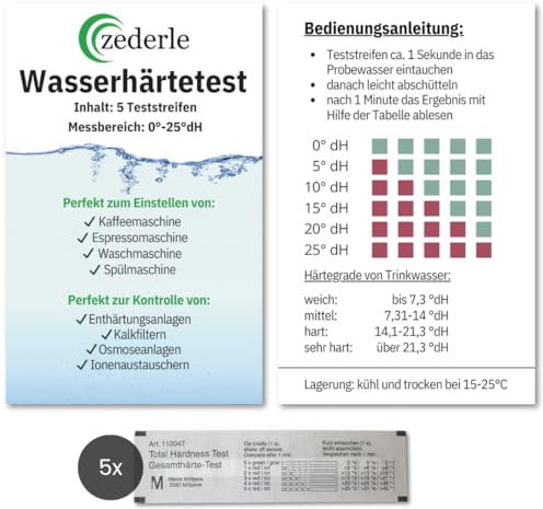 zederle (5 Stück Wasserhärte Teststreifen Testkit einzeln verpackt, versiegelt, Deutscher Härtebereich in dH°, Wasserhärte Test, Kalk Test, Gesamthärte Test - für Trinkwasser, Pool, Teich, Aquarium