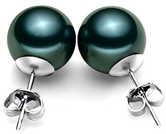 Schmuckwilli Perlenohringe für Damen & Mädchen - mit 8mm großen grün schwarzen runden Muschelkernperlen MK Perlen - Elegante Ohrringe für jeden Anlass - Ohrstecker - Ohrhänger Pearl earrings für Frau