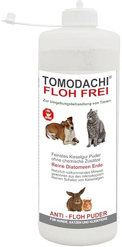 Tomodachi Flohfrei Flohpulver Hund, Kieselgur, Flohkiller gegen Hundeflöhe, Flohmittel für Hunde, natürliche Kieselerde, AntiFloh Puder ohne chemische Zusätze, 100g Stäubeflasche