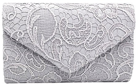 PB-SOAR Elegant Damentasche Clutch Abendtasche Brauttasche Umhängetasche Handtasche mit Spitze, 8 Farben auswählbar (Silbergrau)