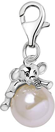 Quiges Charm Anhänger Weiß Kunst Perle mit 3D Elefant 925 Silber mit Karabinerverschluss für Bettelarmband