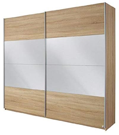 Rauch Möbel Quadra Kleiderschrank, Schwebetürenschrank, 2-türig, mit Spiegel, inkl. Zubehörpaket Basic 2 Einlegeböden 2 Kleiderstangen, Farbe Eiche Sonoma, BxHxT 136x210x62cm