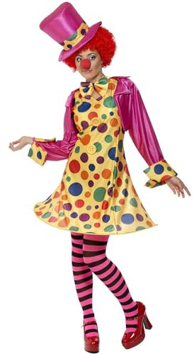 Clown Lady Costume, Multi-Coloured, Hooped Dress, Shirt, Bow Tie, Stripy Tights & Hat, (PLUS X1)