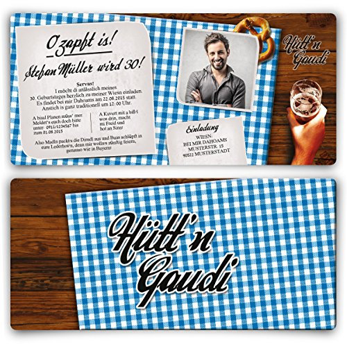 Einladungskarten zum Geburtstag (10 Stück) Hüttengaudi mit eigenem Foto Blau Oktoberfest