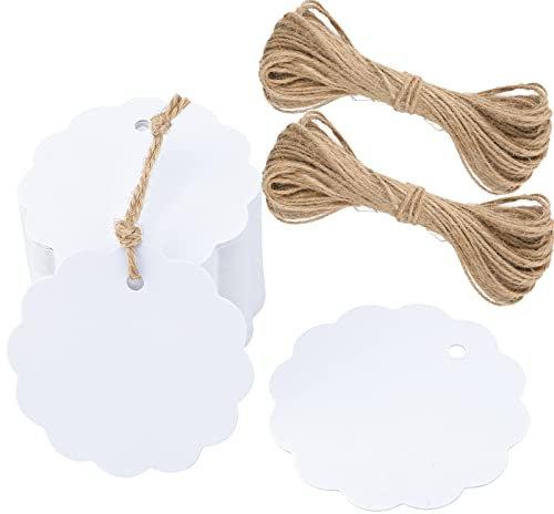 G2PLUS 6CM Rund Kraftpapier Anhänger, 100Stk. Weiß Etiketten Tags, 300g/m² Geschenkanhänger Anhänger Etiketten mit Schnur für Geschenkverpackungen und Kunsthandwerk
