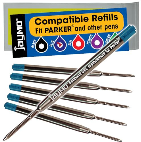 Jaymo - 6 - Reemplazo de tinta de gel para bolígrafos, compatible con Parker, Escritura fluida en tinta alemana y punta mediana 0,7mm, azul