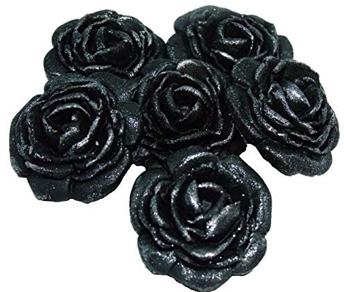 6 Large Edible Glittered Roses Flower Cake Topper Decorations (Black)