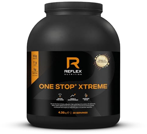 Reflex One Stop Xtreme Mass Gainer, Protein Powder, Vanilla, 4.35kg | All-in-one mass gainer with 55g protein, 10.3g BCAAs and 5,000mg creatine for muscle building.