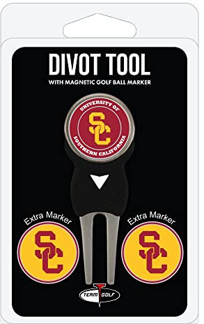 Team Golf NCAA USC Trojans Divot Tool Pack mit 3 Golfballmarkern, Pitchwerkzeug mit 3 Golfballmarkern, Marker sind abnehmbare, magnetische, doppelseitige Emaille