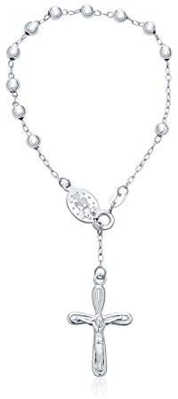 Bling Jewelry Religiöses Jesus-Kruzifix Unendlichkeit Kreuz Jungfrau Maria Rosenkranz Gebetsperlen .925 Sterling Silber Armband für Frauen Kommunion 3MM Perle 7 Zoll