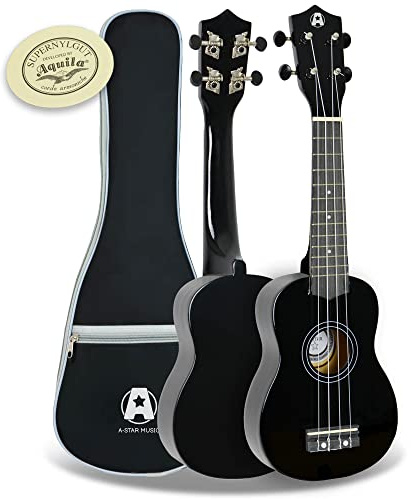 A-Star Soprano Beginner Ukulele in Black with Premium Aquila Strings, FREE Padded Bag, Instrument for Adults/Kids with FREE 1 Month Online Lessons
