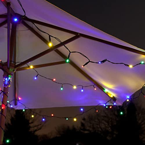 Festive Lights - 5m Solar Power Multi Function Fairy String Lights with 50 Multicoloured LEDs - IP44 Rated, Outdoor Decorative Lighting - External Panel, Black Cable, Garden Trees, Fences & Pergolas