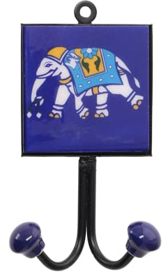 GURU SHOP Doppelwandhaken, Garderobenhaken mit Keramikfliese, Modell 5 | Handgefertigte blue Pottery, indische Keramik, Maße: 8x8 cm, einzigartiges Design, einfache Montage