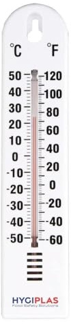 Hygiplas Commercial Plastic Wall Thermometer J228, White | Monitors temperatures from -40°C to +50°C in freezers or storage areas with a bold, clear scale to track food safety.