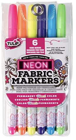Tulip Fine Tip Permanent Fabric Marker Pens (Neon Colours, Pack of 6)