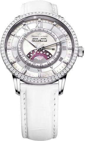 MAURICE LACROIX Masterpiece Phases de Lune Diamonds Damen-Armbanduhr Analog Automatik mit weißem Lederband mit 119 echten Diamanten MP6428-SD501-17E
