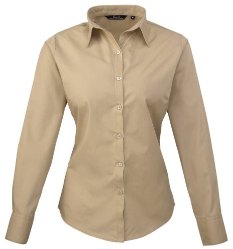 Premier Fitness Women's Poplin Long Sleeve Blouse Regular Fit Long Sleeve Blouse, Off-White (Khaki), 16 (Manufacturer Size:16)