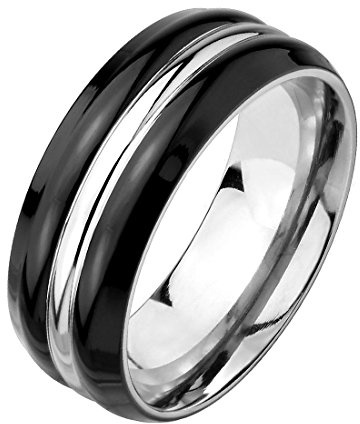 Mianova Herren Band Ring Titan Poliert mit Inlay Bandring Herrenring Partnerring Biker Rocker Silber Schwarz Größe 68 (21.6)