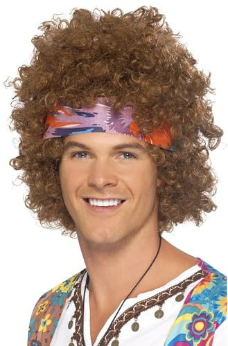 Smiffys Hippie Afro, Braun, mit Kopftuch und 60er Friedenszeichen Hippie-Medaillon