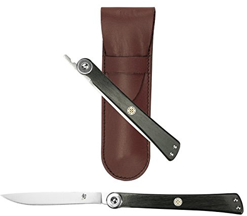 Shun Steak, Gentleman Knife Higo-No Kami Personal Folding Blade with Leather Sheath - Ebony/Steel