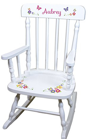 My Bambino Girl's Personalized White Wood Rocking Chair Toddler Baby Gift (Bright Butterfly Garland)
