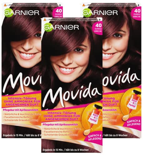 Garnier Lot de 3 colorations pour cheveux - Crème nourrissante - Pour des couleurs vives, même pour cheveux gris, sans ammoniaque, Movida, 40 cerise foncée