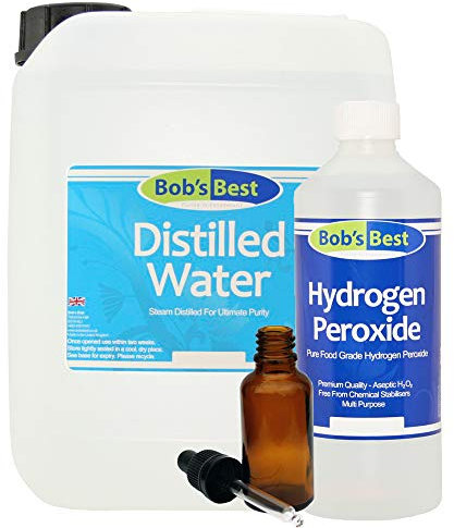Bob's Best Perossido di idrogeno per uso alimentare 12% (11, 97%) - 500 ml - con 5 litri di acqua distillata e flacone contagocce in vetro ambrato da 30 ml