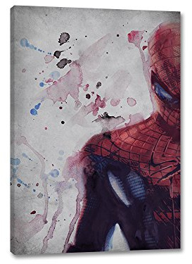 Caro-Art Spiderman II Splash Aquarell Art 90x60cm Digital Art Grau Rot Blau Leinwandbild auf Keilrahmen Wandbilder