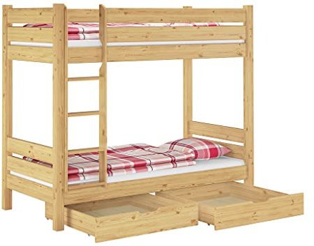 Erst-Holz®Etagenbett extra stabil Kiefer 100x200 cm, mit 2 Rollroste, 2 Matratzen und 2 Bettkästen 60.16-10MS2